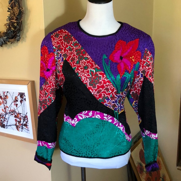 Vtg 80s UMI COLL Size 16 Silk VIVID Floral Geometric Zip-Back Pullover Artistic - Picture 2 of 12